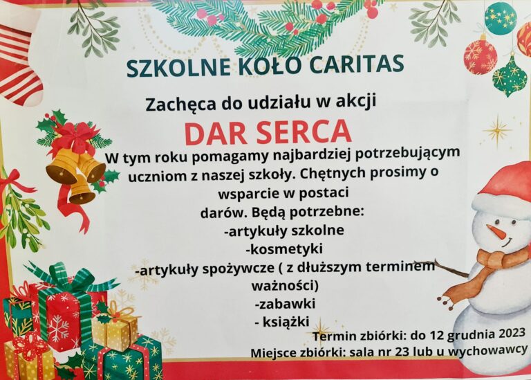 Read more about the article Szkolne Koło Caritas zaprasza do udziału w akcji „Dar Serca”